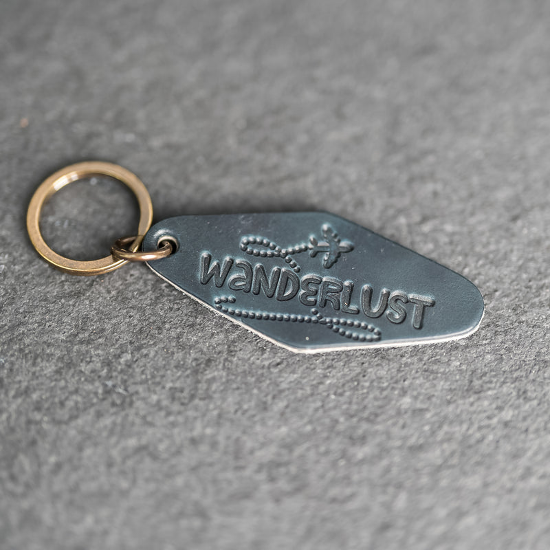 Leather Motel Key Shape Keychain with Wanderlust Stamp Design