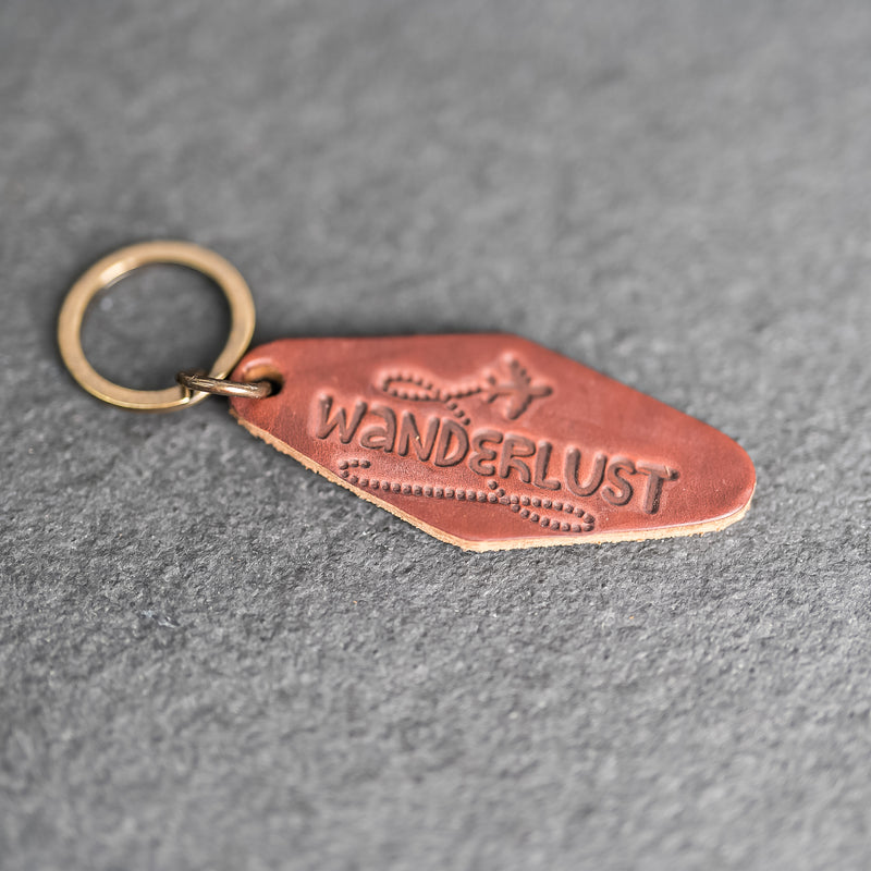 Leather Motel Key Shape Keychain with Wanderlust Stamp Design