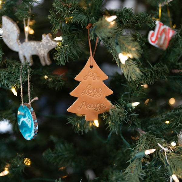 Joy Love Peace Leather Christmas Ornament - Tree Shape | Stocking Tags