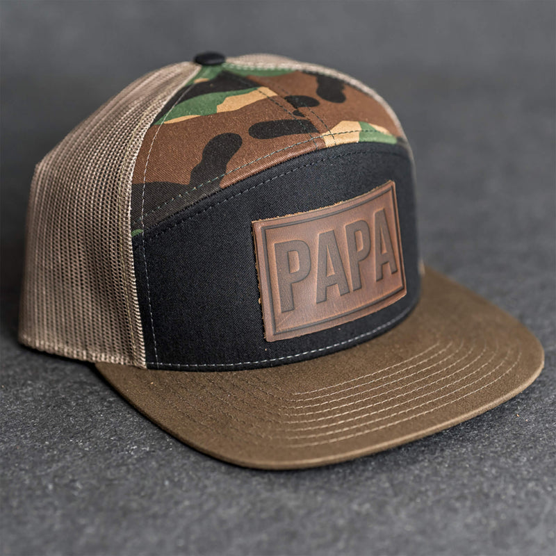 Leather Patch Flat Bill 7 Panel Trucker Hat - Papa Stamp