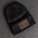 Beanie with Leather Patch Attached - Mom Stamp - Block Font