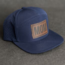 Leather Patch Flat Bill 7 Panel Perforated Performance Hat - Mom Stamp - Block Font