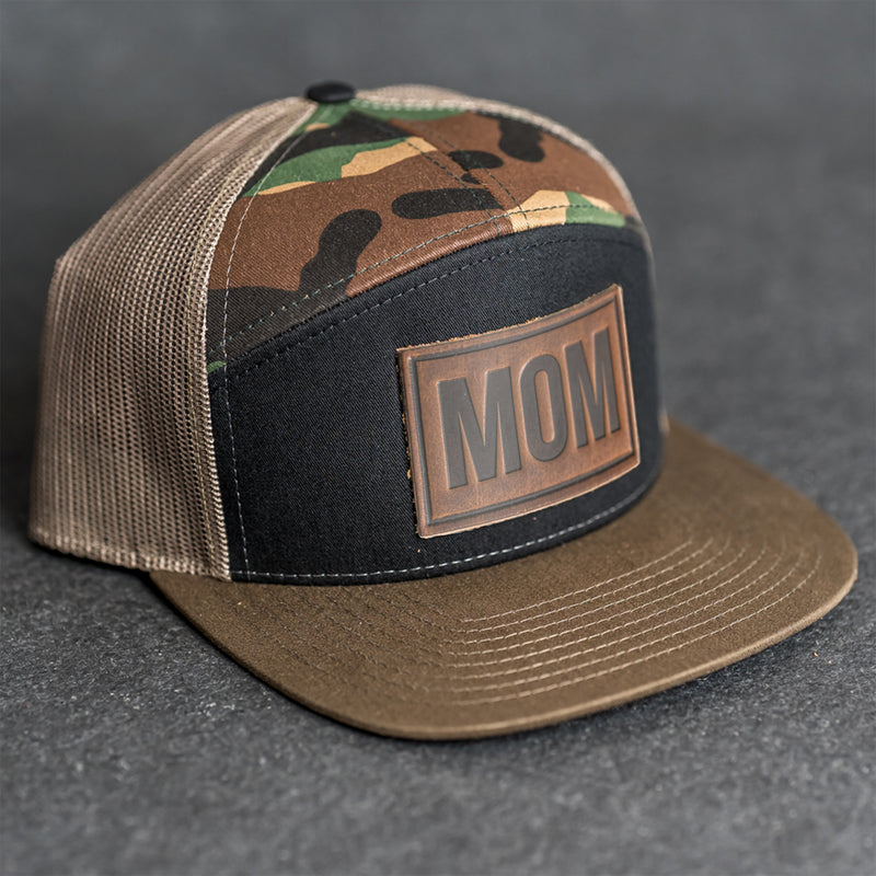 Leather Patch Flat Bill 7 Panel Trucker Hat - Mom Stamp - Block