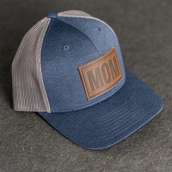 Leather Patch Performance Style Trucker Hat - Mom Stamp - Block Font