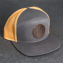Leather Patch Flat Bill 7 Panel Trucker Hat - Ox & Pine Logo Stamp - Circle