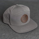 Leather Patch Flat Bill 7 Panel Perforated Performance Hat - Ox & Pine Logo Stamp - Circle
