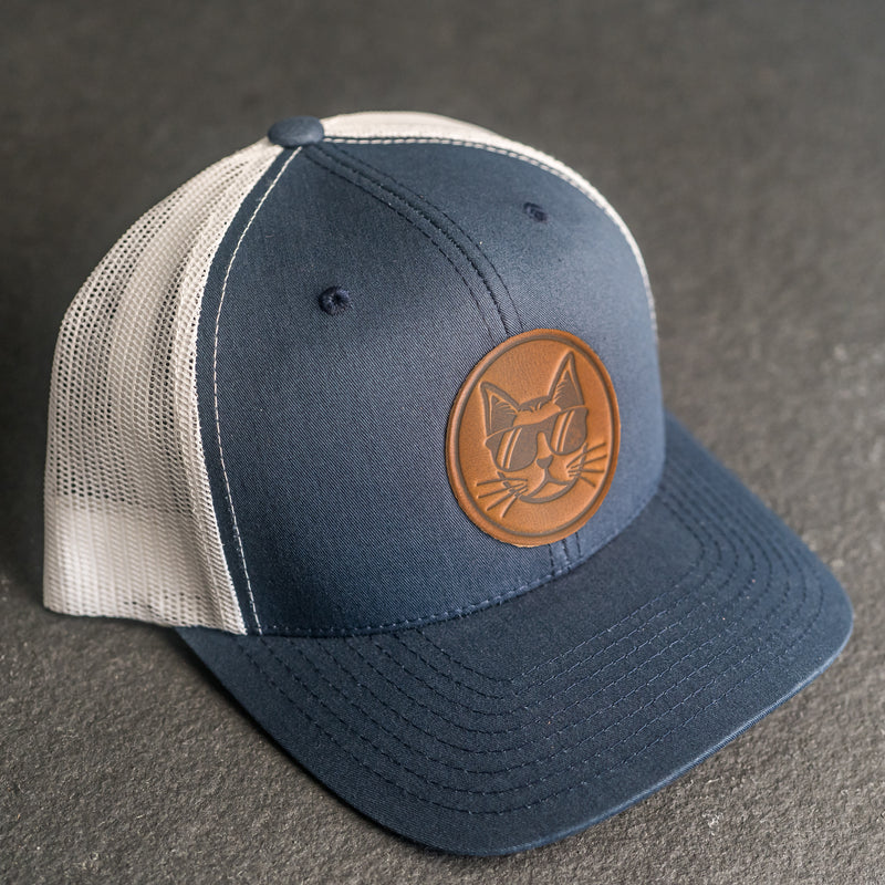 Leather Patch Trucker Style Hat - Cool Cat Stamp