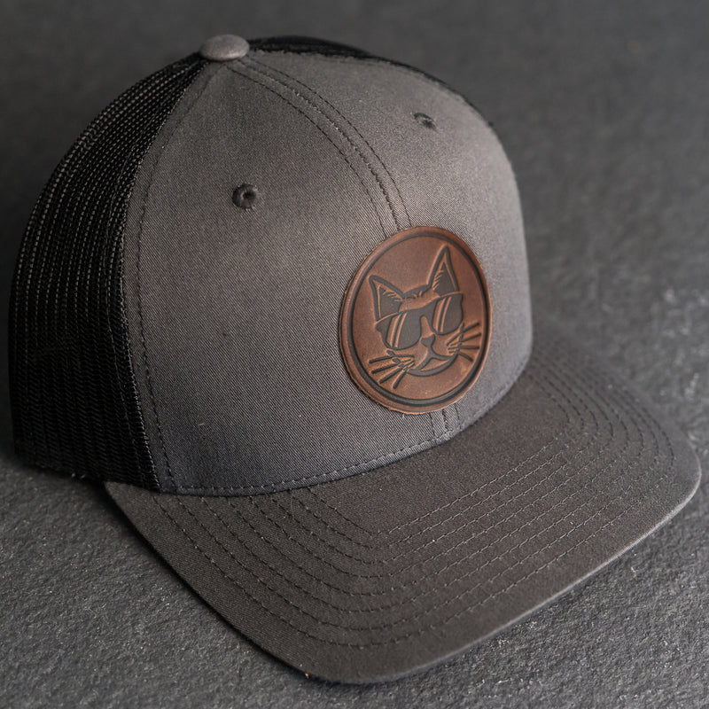 Leather Patch Trucker Style Hat - Cool Cat Stamp