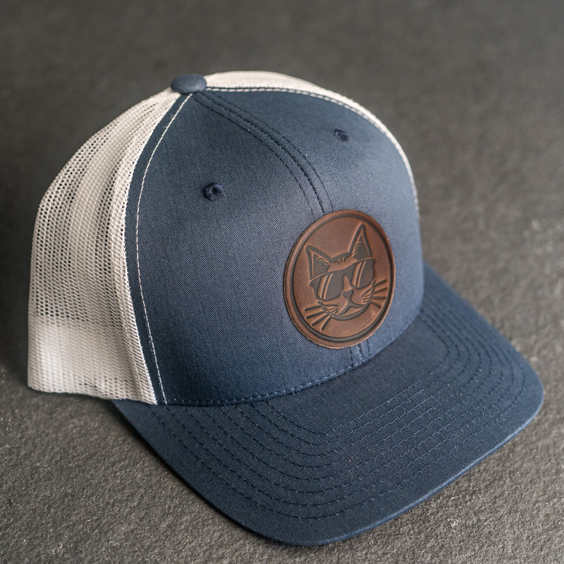 Leather Patch Trucker Style Hat - Cool Cat Stamp