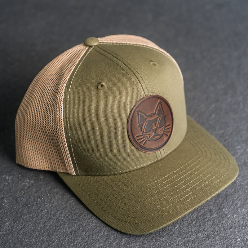 Leather Patch Trucker Style Hat - Cool Cat Stamp