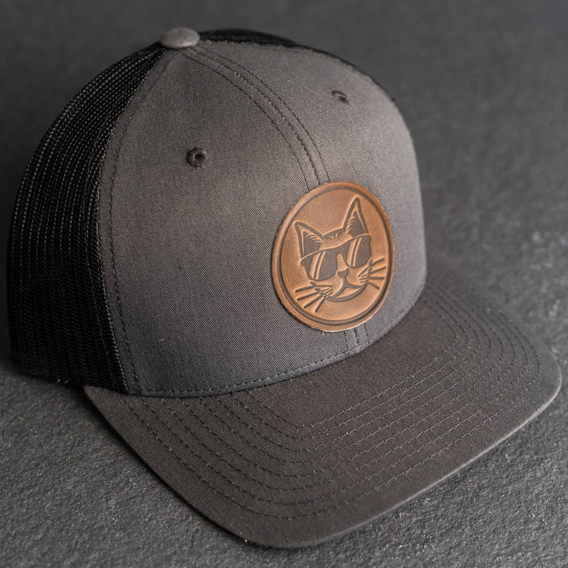 Leather Patch Trucker Style Hat - Cool Cat Stamp