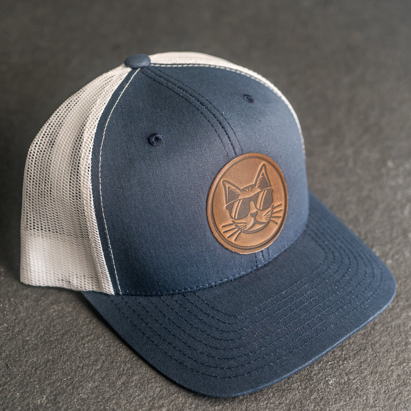 Leather Patch Trucker Style Hat - Cool Cat Stamp