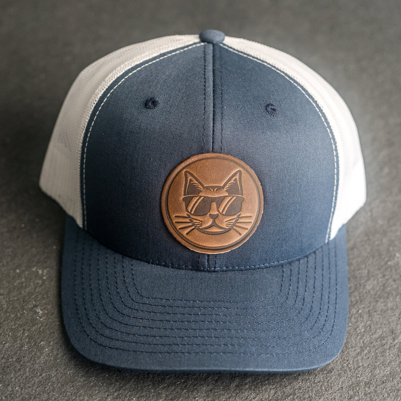 Leather Patch Trucker Style Hat - Cool Cat Stamp