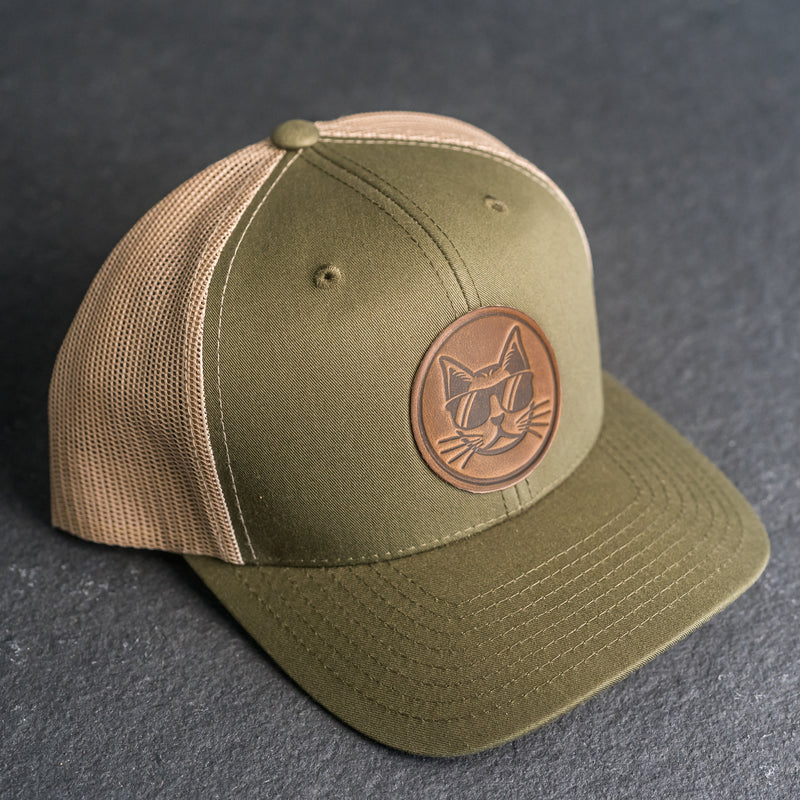 Leather Patch Trucker Style Hat - Cool Cat Stamp