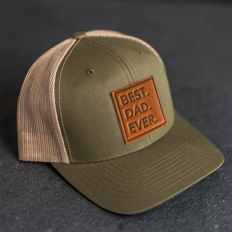 Leather Patch Trucker Style Hat - Best Dad Ever Stamp