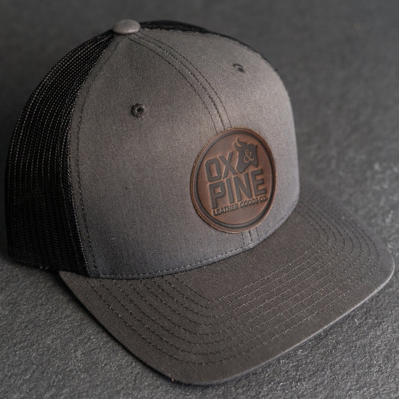 Leather Patch Trucker Style Hat - Ox & Pine Stamp - Circle