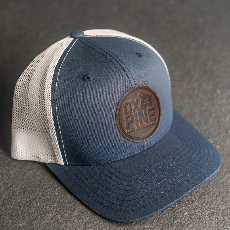 Leather Patch Trucker Style Hat - Ox & Pine Stamp - Circle