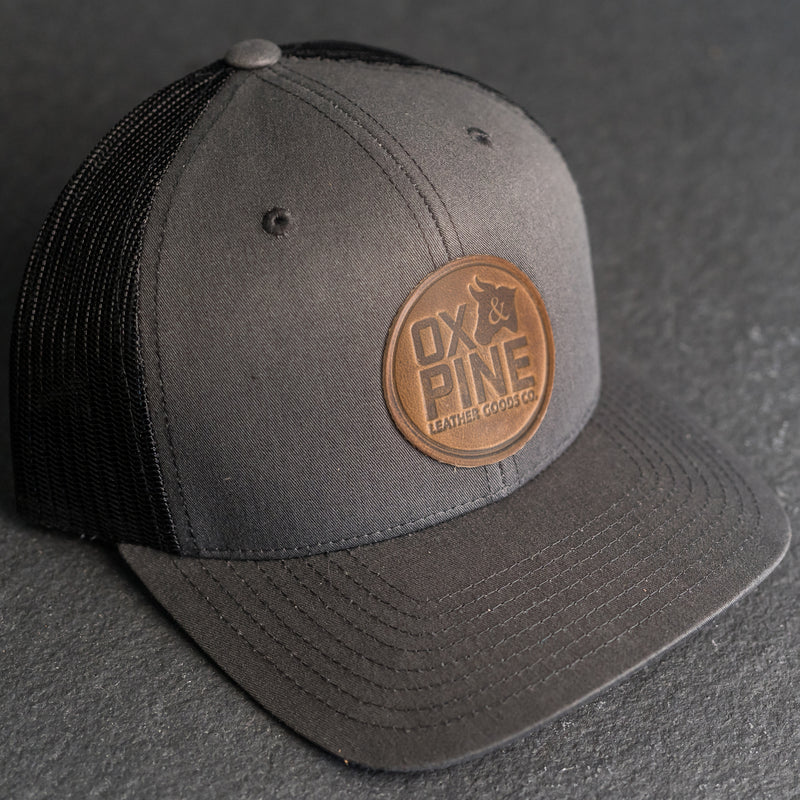 Leather Patch Trucker Style Hat - Ox & Pine Stamp - Circle