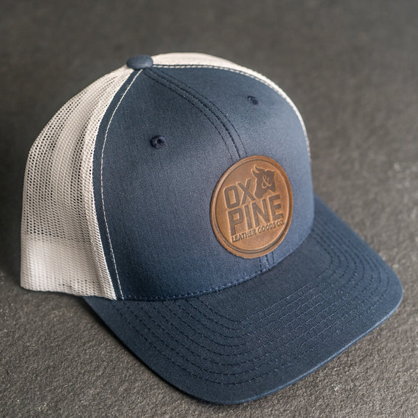 Leather Patch Trucker Style Hat - Ox & Pine Stamp - Circle