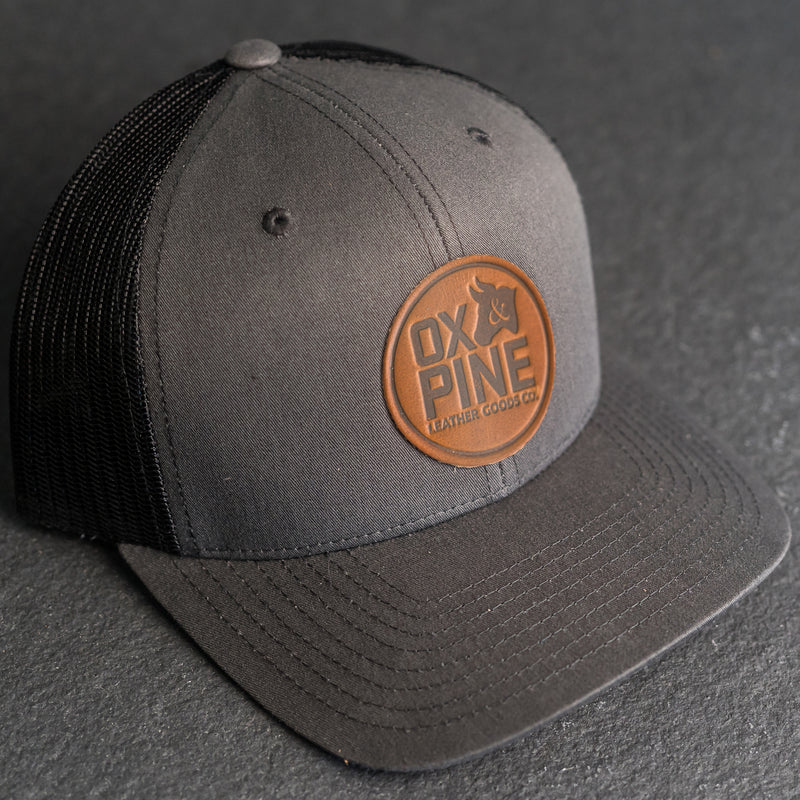 Leather Patch Trucker Style Hat - Ox & Pine Stamp - Circle