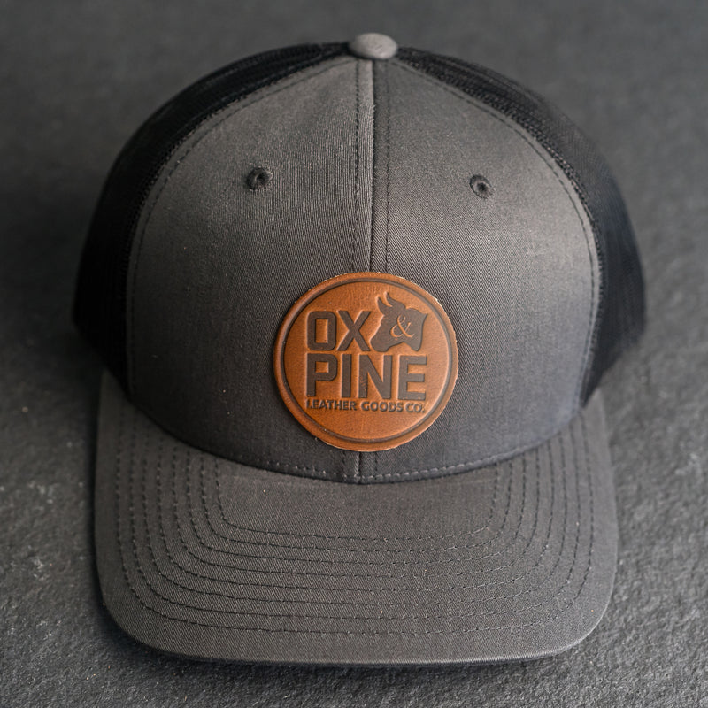 Leather Patch Trucker Style Hat - Ox & Pine Stamp - Circle