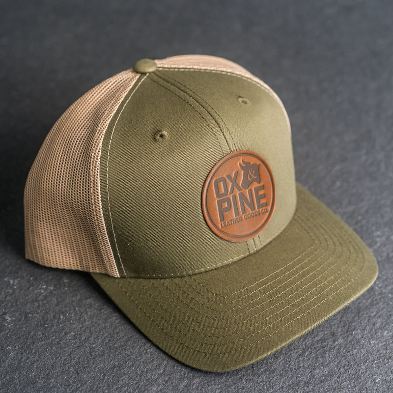 Leather Patch Trucker Style Hat - Ox & Pine Stamp - Circle