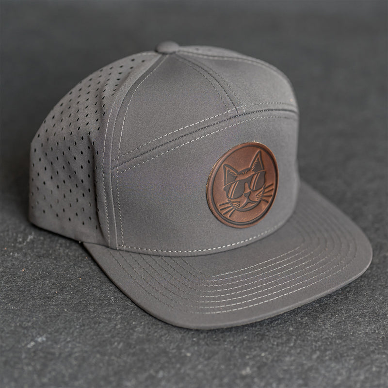 Leather Patch Flat Bill 7 Panel Perforated Performance Hat - Cool Cat Stamp