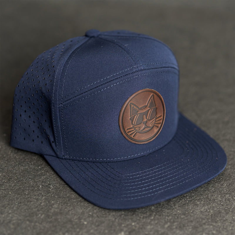 Leather Patch Flat Bill 7 Panel Perforated Performance Hat - Cool Cat Stamp