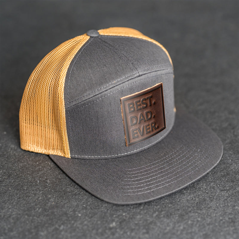 Leather Patch Flat Bill 7 Panel Trucker Hat - Best Dad Ever Stamp