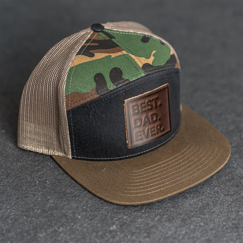 Leather Patch Flat Bill 7 Panel Trucker Hat - Best Dad Ever Stamp