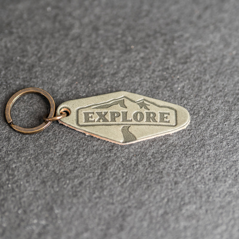 Leather Motel Key Shape Keychain with Explore Stamp Design