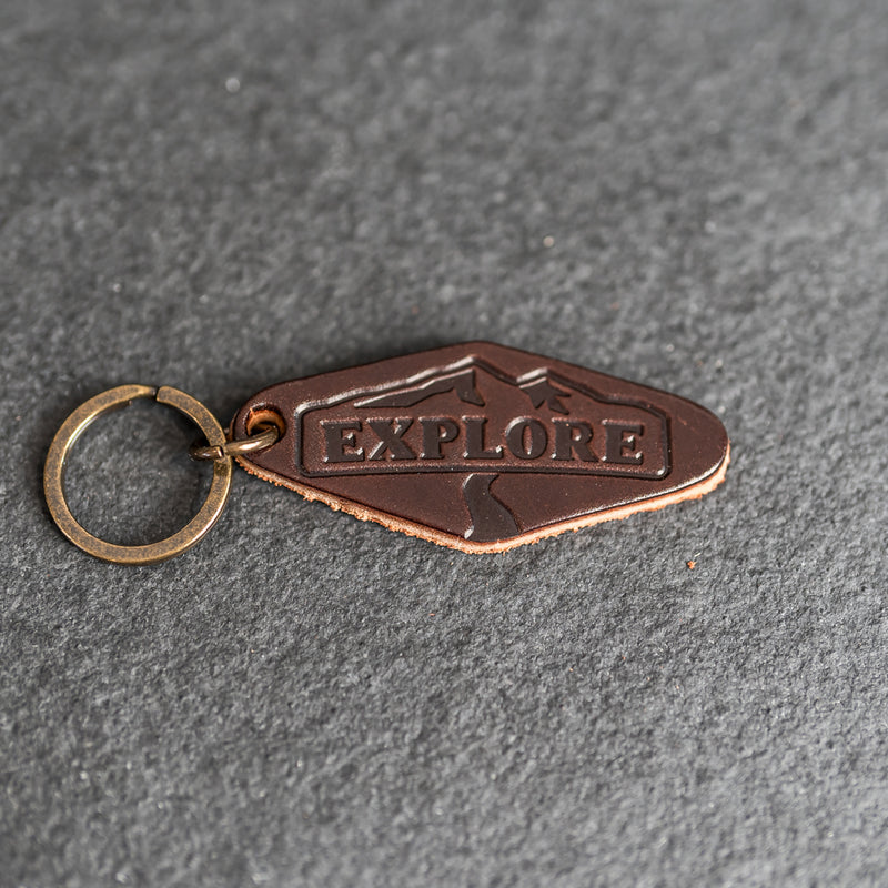 Leather Motel Key Shape Keychain with Explore Stamp Design