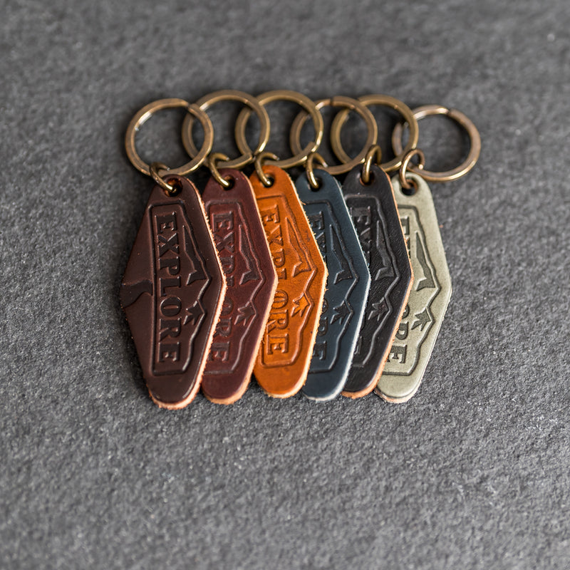 Leather Motel Key Shape Keychain with Explore Stamp Design