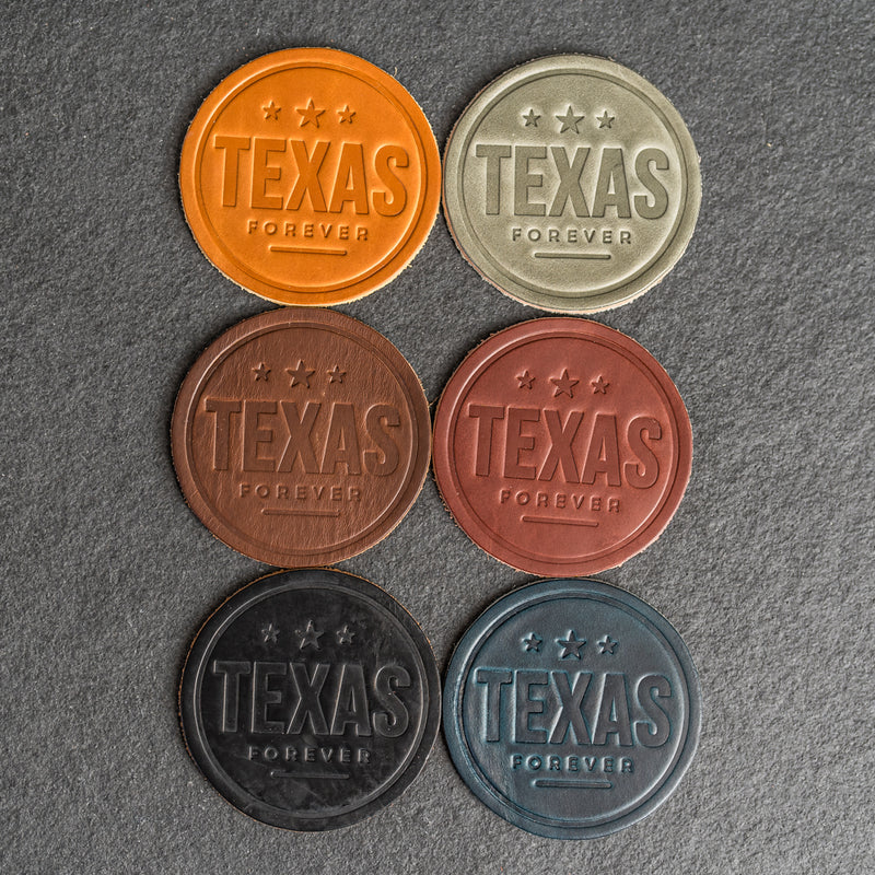 Texas Forever Leather Coasters - 4" Round - Sold individually or as a Set of 4