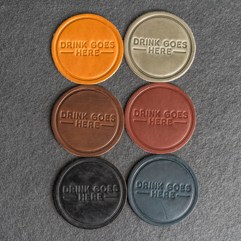 Drink Goes Here Leather Coasters - 4" Round - Sold individually or as a Set of 4