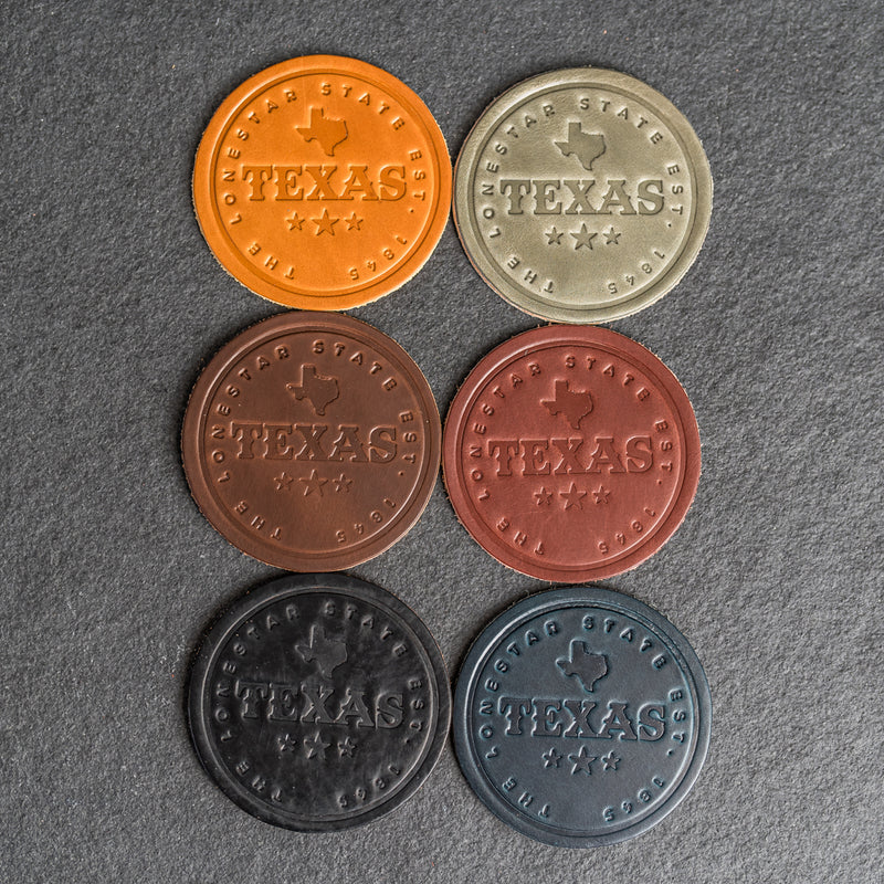 Texas Leather Coasters - 4" Round - Sold individually or as a Set of 4