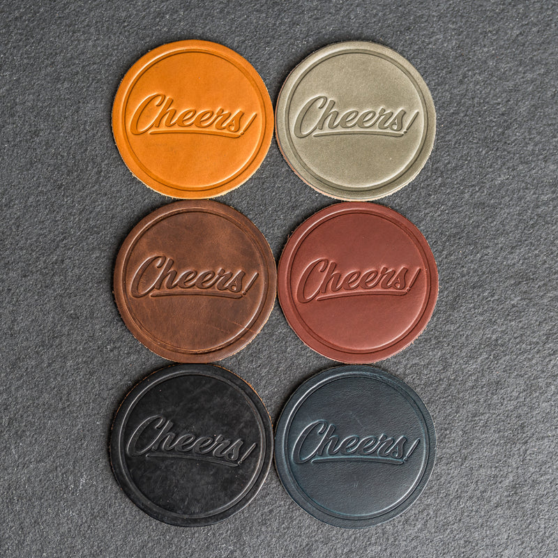 Cheers Leather Coasters - 4" Round - Sold individually or as a Set of 4