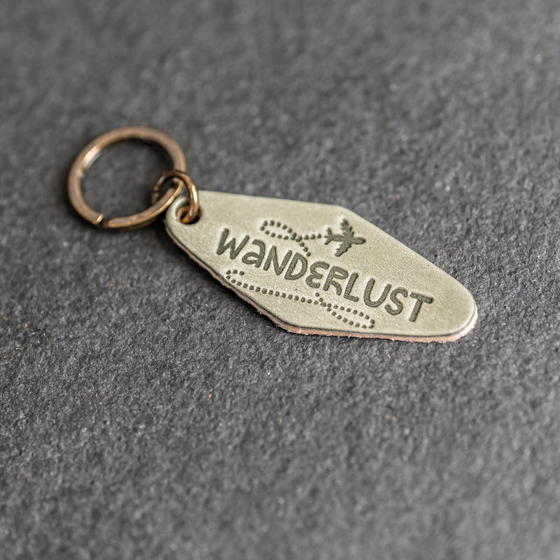 Leather Motel Key Shape Keychain with Wanderlust Stamp Design