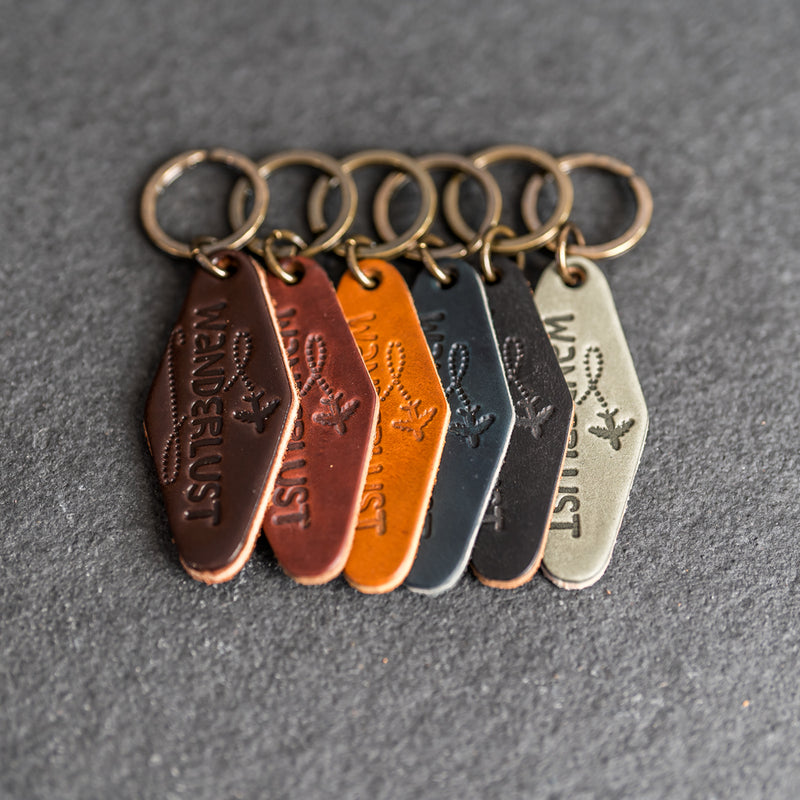 Leather Motel Key Shape Keychain with Wanderlust Stamp Design