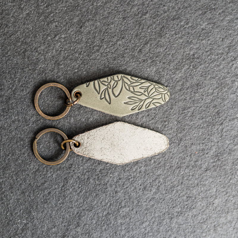 Leather Motel Key Shape Keychain with Floral Stamp Design