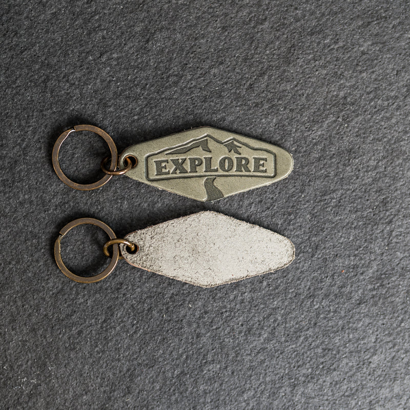 Leather Motel Key Shape Keychain with Explore Stamp Design