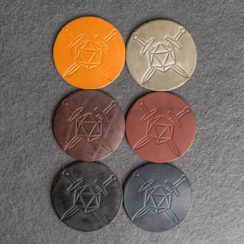 D20 with Swords Symbol Leather Coasters - Individual or Set of 4