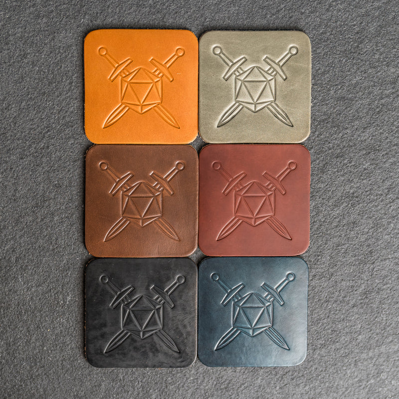 D20 with Swords Symbol Leather Coasters - Individual or Set of 4