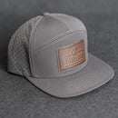 Your Logo on a Leather Patch Flat Bill 7 Panel Perforated Performance Hat