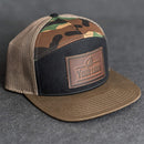 Your Logo on a Leather Patch Flat Bill 7 Panel Trucker Hat