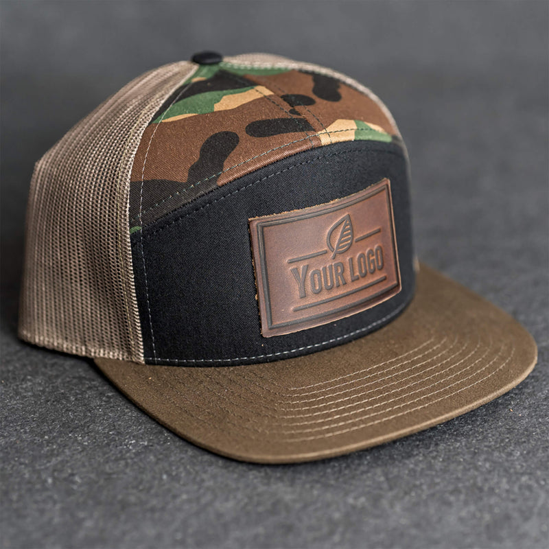 Your Logo on a Leather Patch Flat Bill 7 Panel Trucker Hat