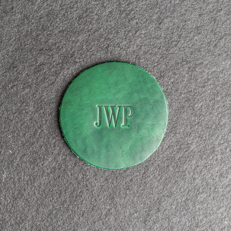 Limited Edition Personalized Green Leather Coasters -  Individual or Set of 4