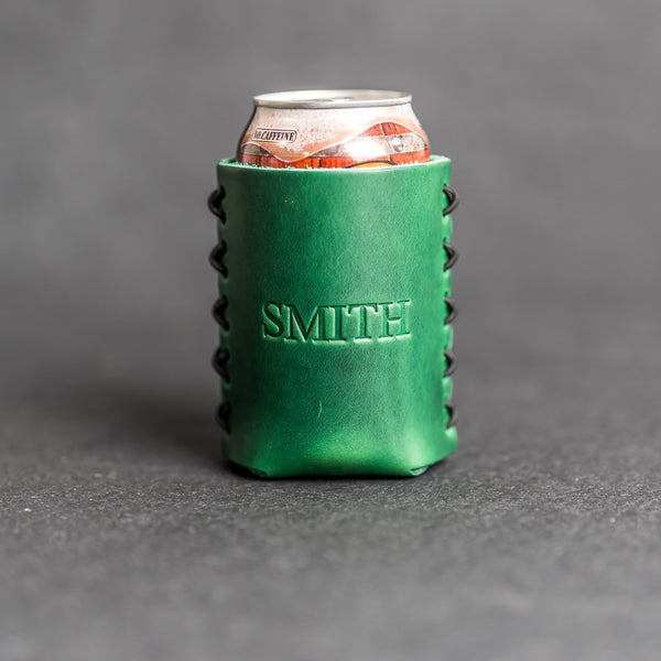 Limited Edition Green Leather Personalized Can Coozie