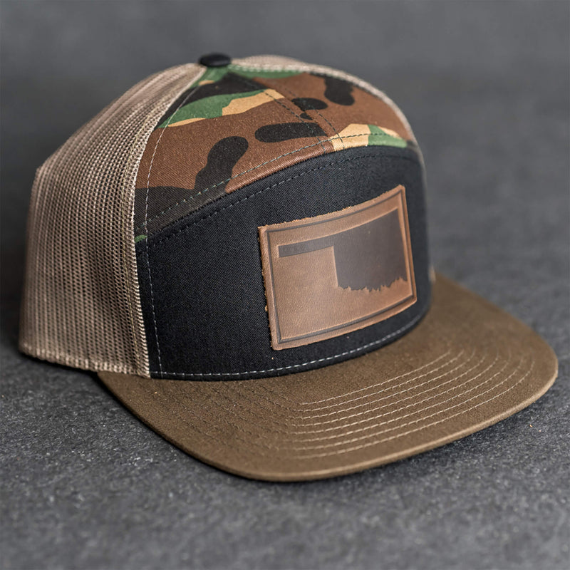 Leather Patch Flat Bill 7 Panel Trucker Hat - Oklahoma Stamp