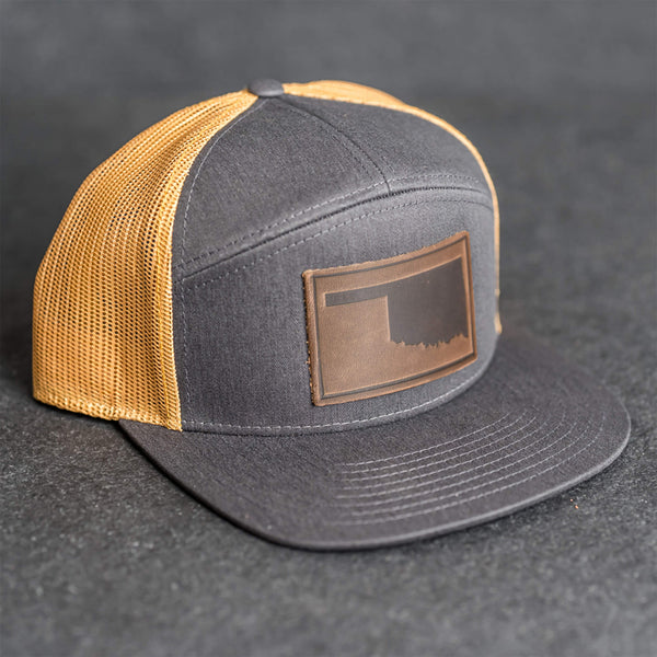 Leather Patch Flat Bill 7 Panel Trucker Hat - Oklahoma Stamp